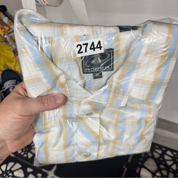 Roper Western Cowboy Button Down Shirt Mens 3XL Tan Blue Plaid Shimmer 2744 - Picture 8 of 8